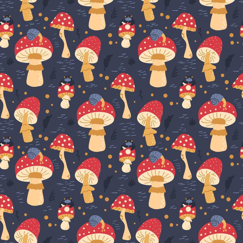 Inedible mushrooms seamless pattern. Fly agaric repeat background. hand drawn illustration. vector