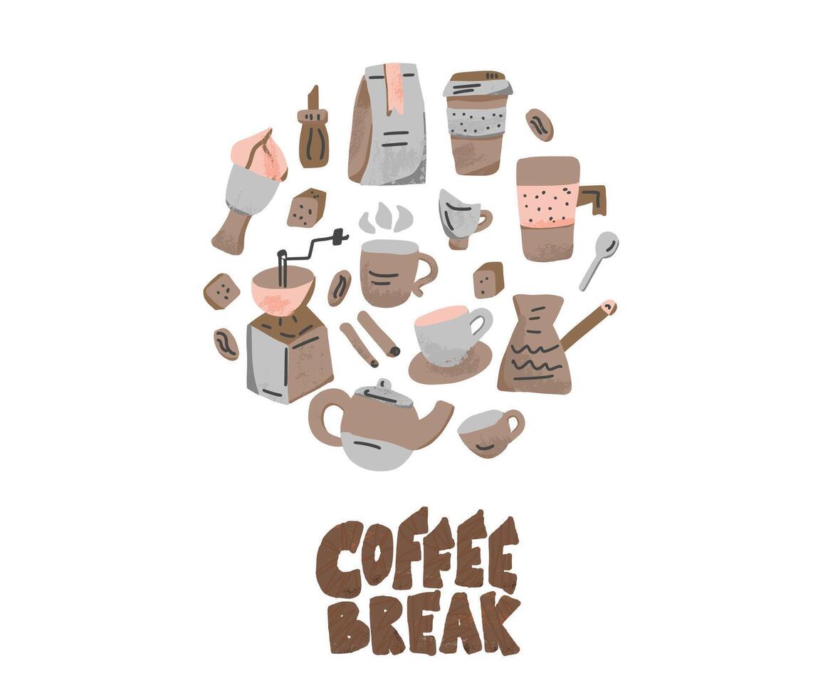 Coffee set round badge. illustration. vector