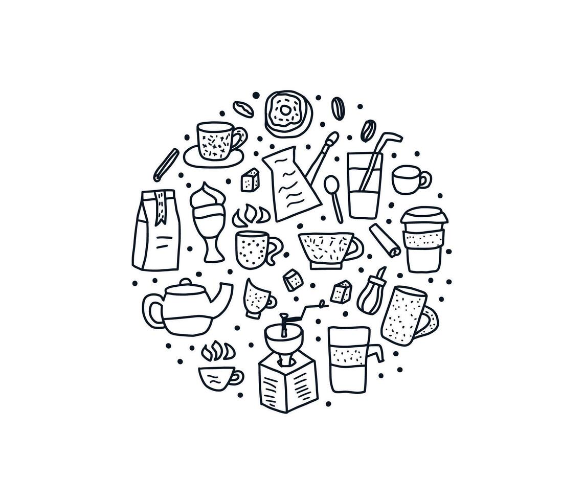 Coffee doodle set round badge. illustration vector