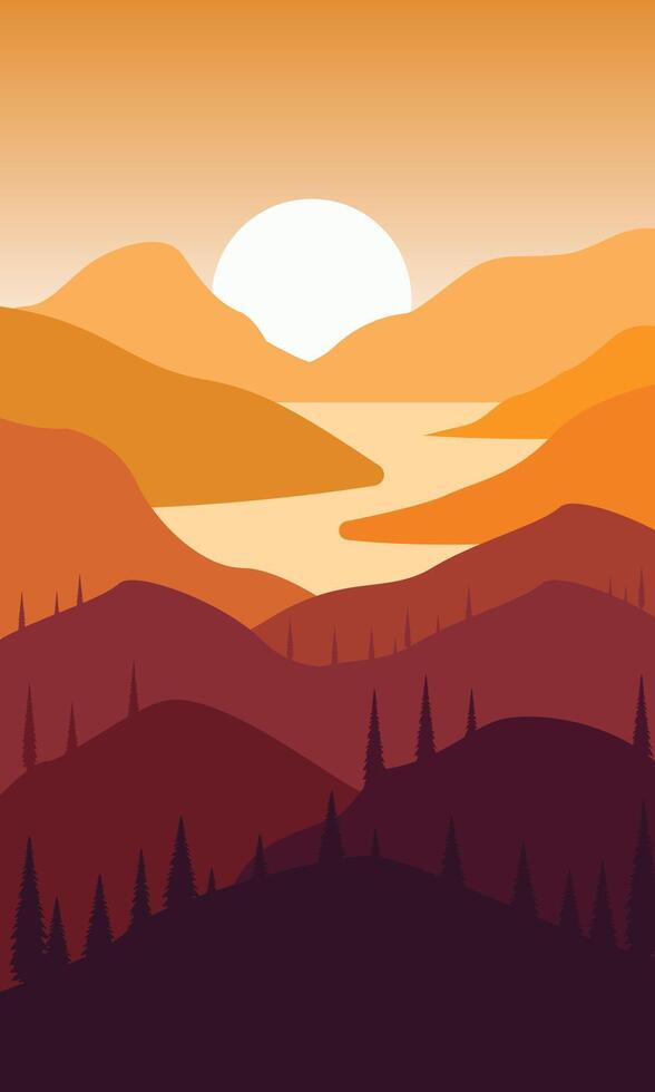 poster sun has set with autumn mountain landscape accompanied by trees and rivers vector