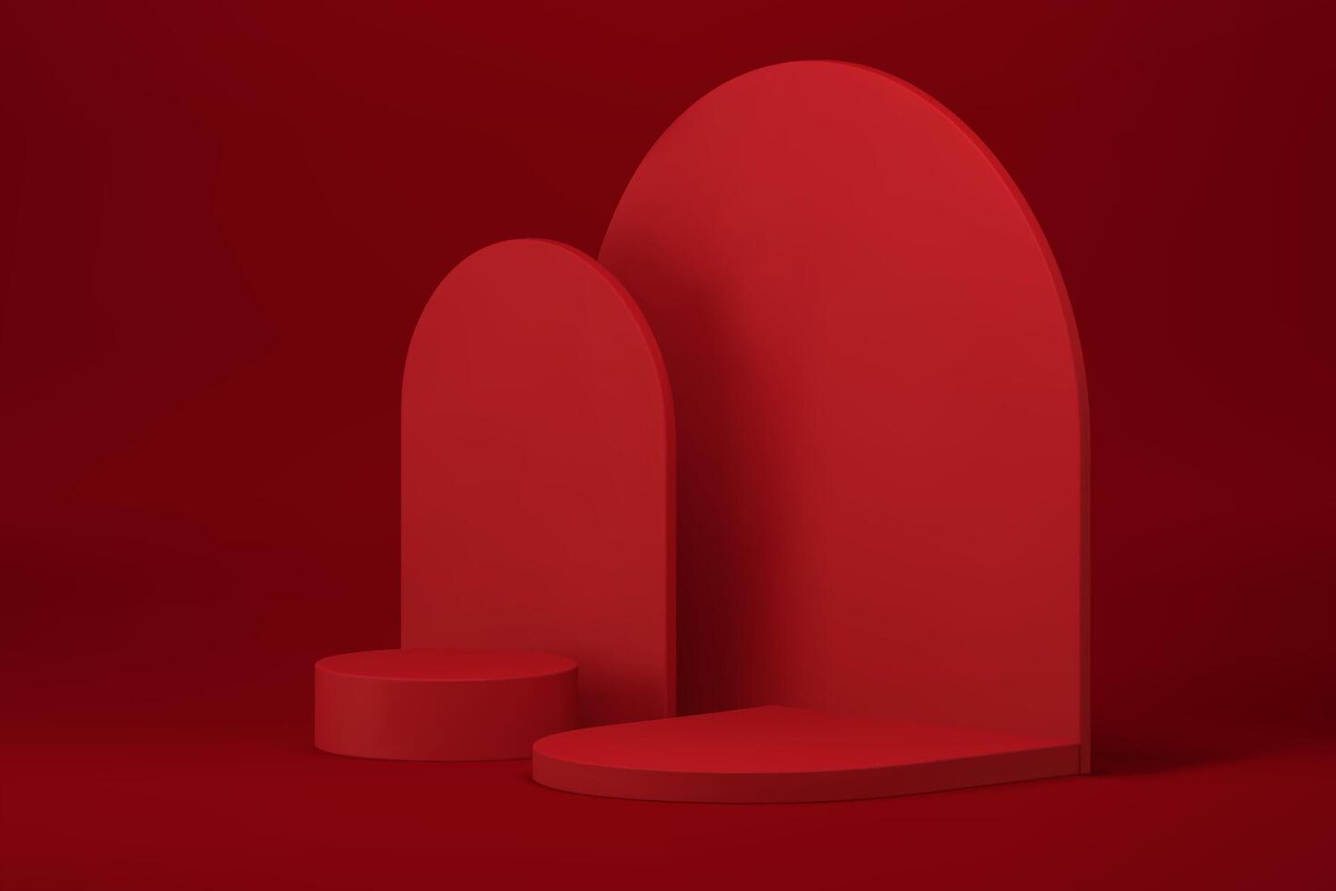 Red modern 3d podium curved pedestal with semicircle wall background realistic vector