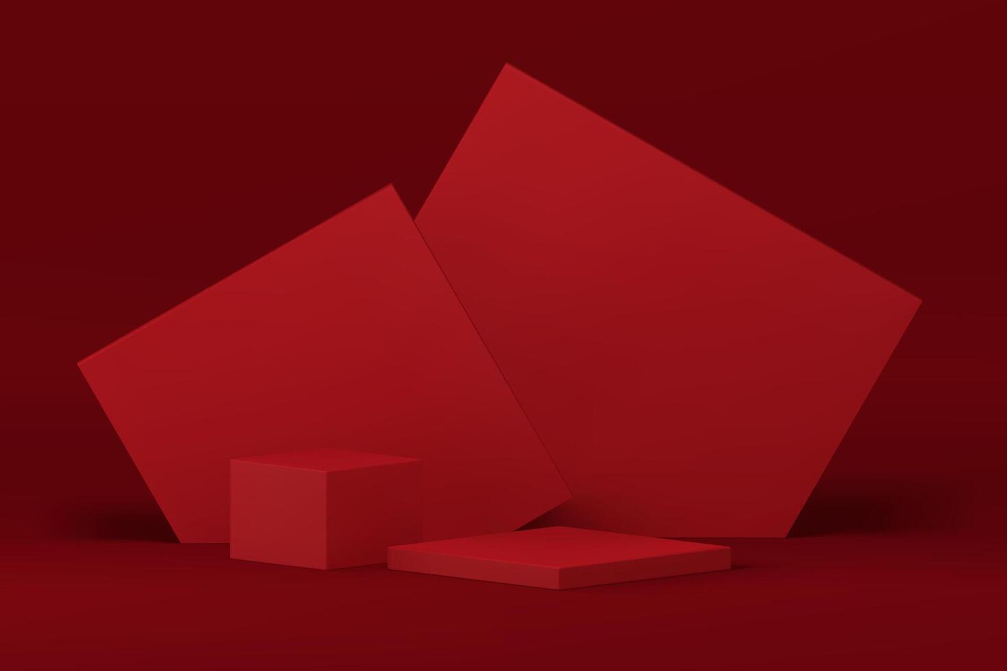 Red 3d podium squared pedestal with abstract angular wall background realistic vector