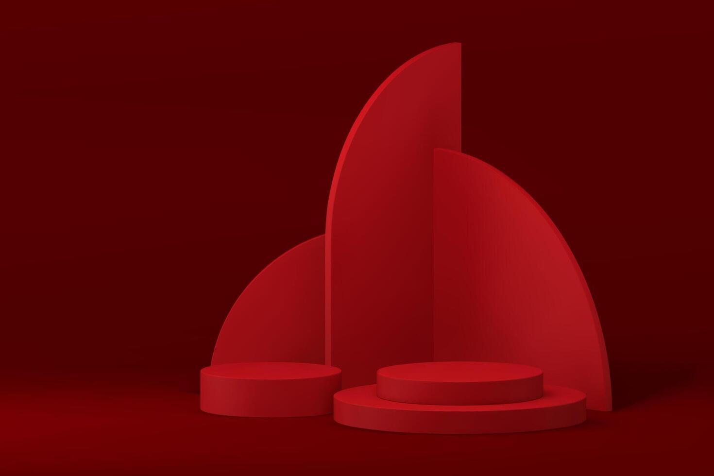 3d minimalist red podium pedestal with geometric wall background for product show realistic vector