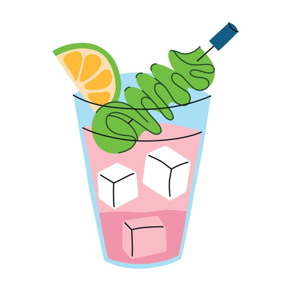 illustration of cucumber lemonade with watermelon, lime, and garnish on a skewer. Refreshing summer drink for hot days. Flat, cartoon style beverage icon, trendy cocktail or mocktail menu vector