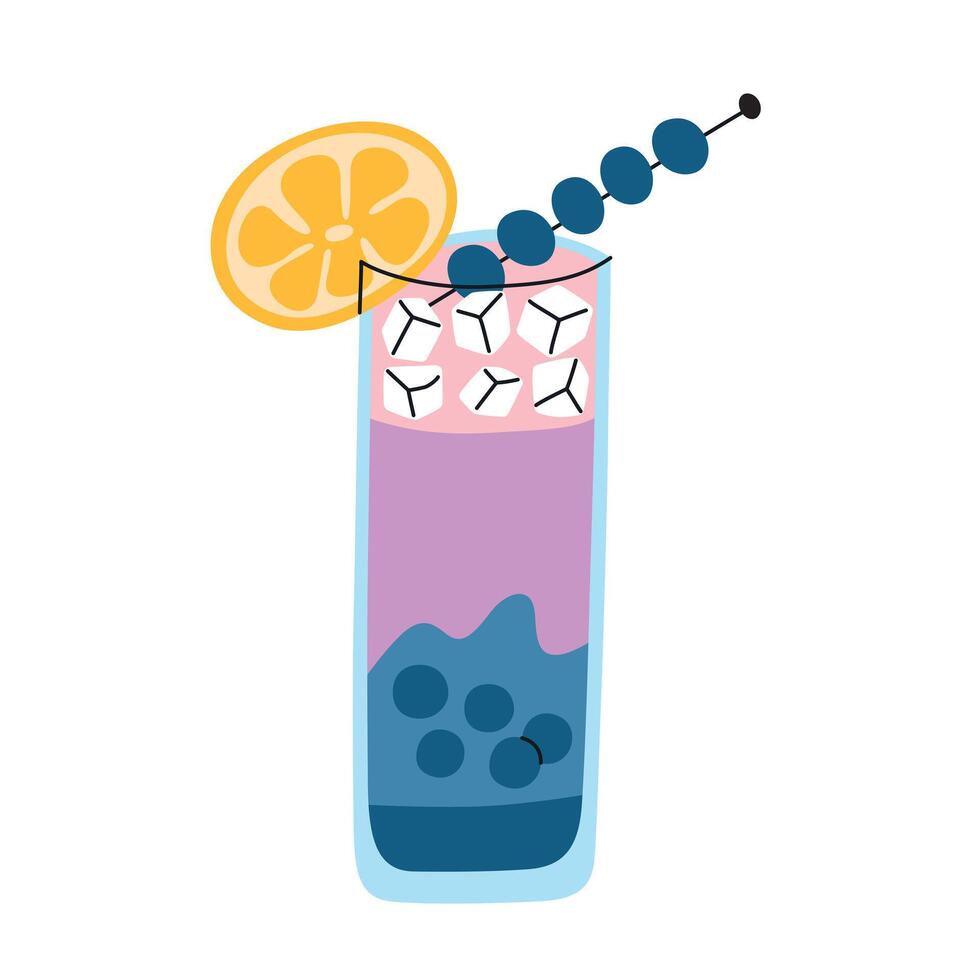 illustration of a berry cocktail with a lemon slice and blueberry skewer garnish. Flat cartoon style, refreshing drink for summer and tropical themes. Bright design for vacation and party vector