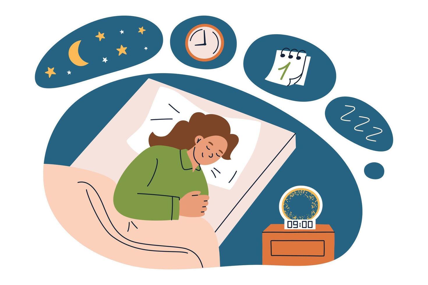 Sleep schedule illustration, bedtime routine concept. Woman sleeping in bed with alarm clock, cozy bedroom scene. Daily routine, sleep hygiene, and wellness concept. Moon and stars on night sky vector