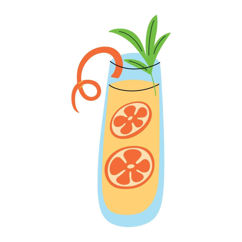 illustration of an orange cocktail, juice in a glass with slices of orange and a spiral garnish. Flat cartoon style with a fresh, tropical, and refreshing feel. summer tropical mocktail vector