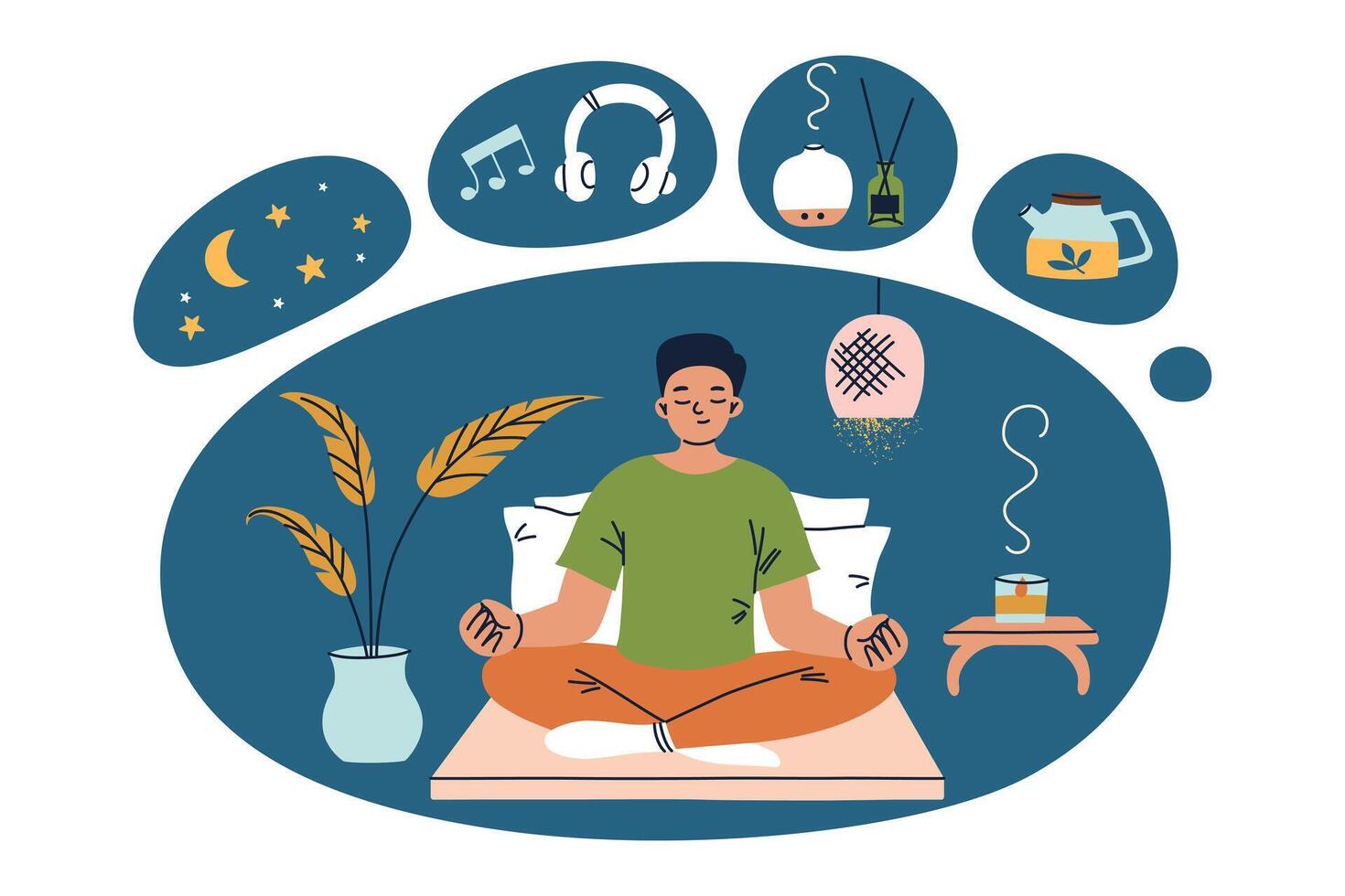 Relaxing before sleep illustration, bedtime relaxation. Man meditating in bed with herbal tea, aromatherapy, calm music. Cozy evening routine, sleep hygiene, wellness, self care. Cartoon style vector