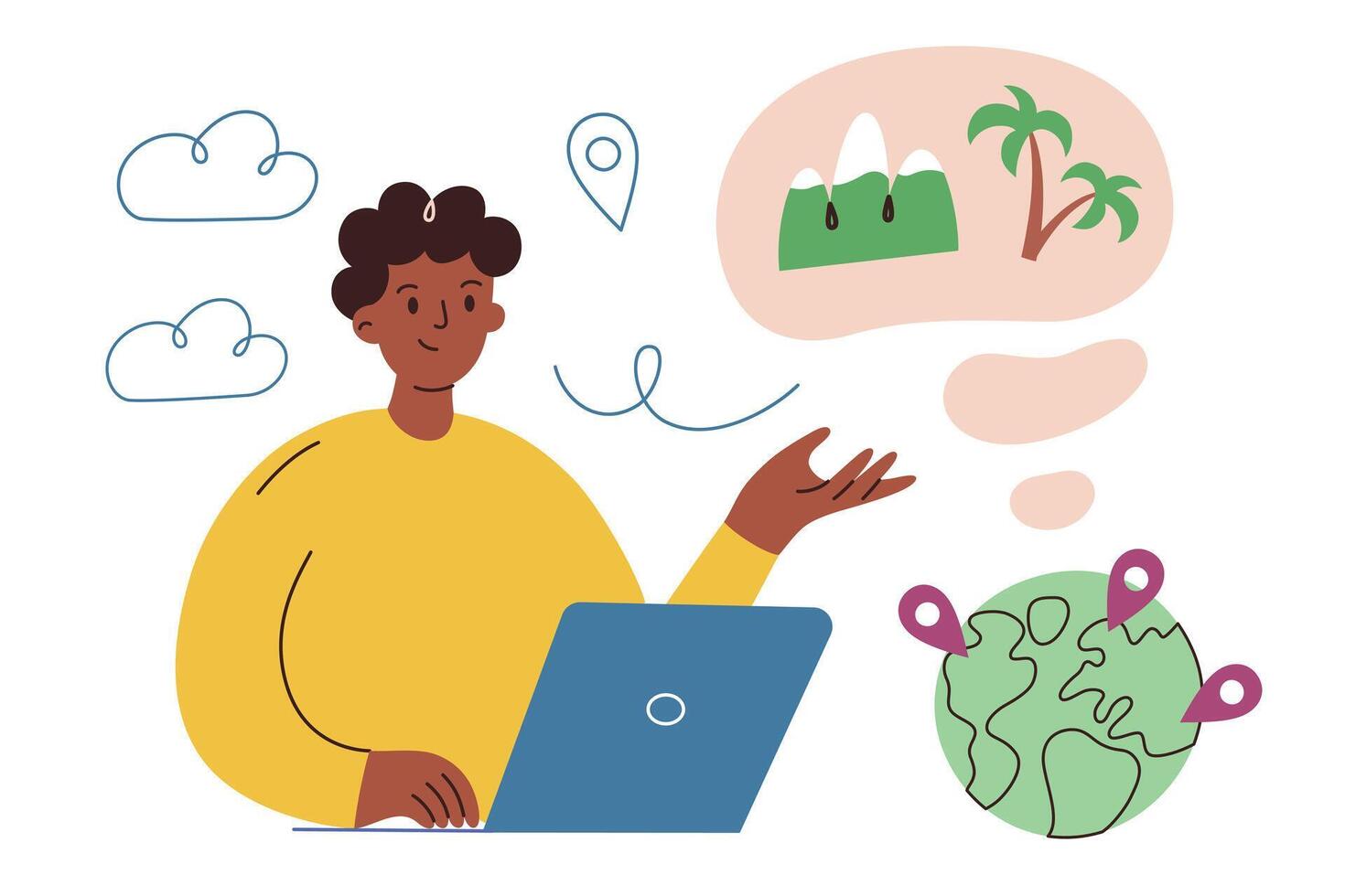 Travel planning illustration in flat cartoon style. Person using laptop for travel booking, exploring vacation destinations, planning trips. Ideal for tourism, travel agencies, adventure guides vector