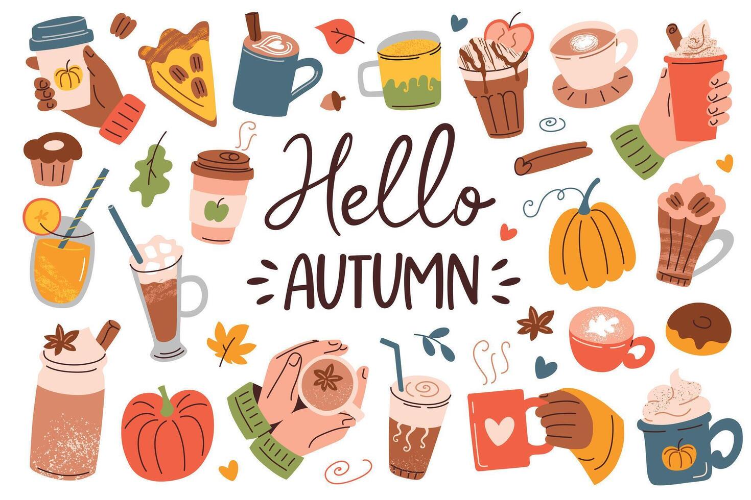 Autumn coffee collection, illustrations set in flat cartoon style. Cozy mugs, cups, pumpkin spice latte, hot beverages, seasonal warm drinks. Fall greeting card with hand lettering vector