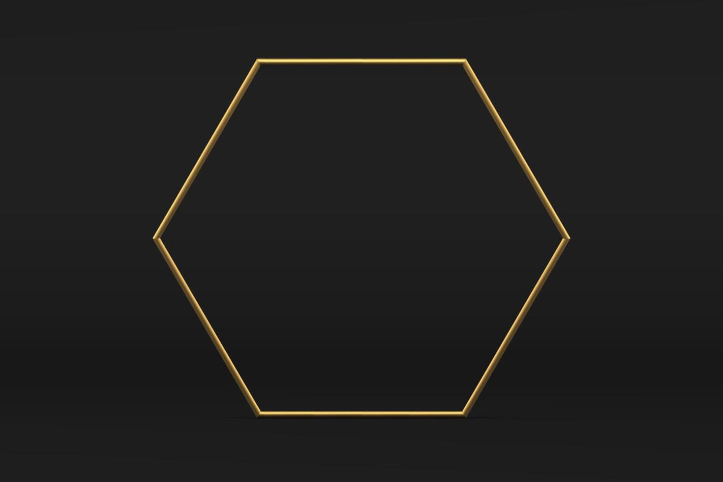 Golden 3d hexagonal frame empty promo studio black background for product show realistic vector