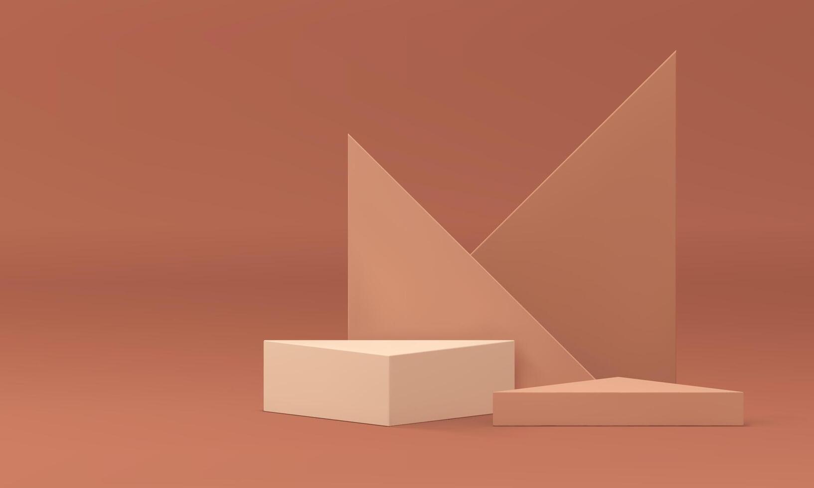 Realistic 3d podium beige platform neutral triangle wall backdrop for product presentation vector