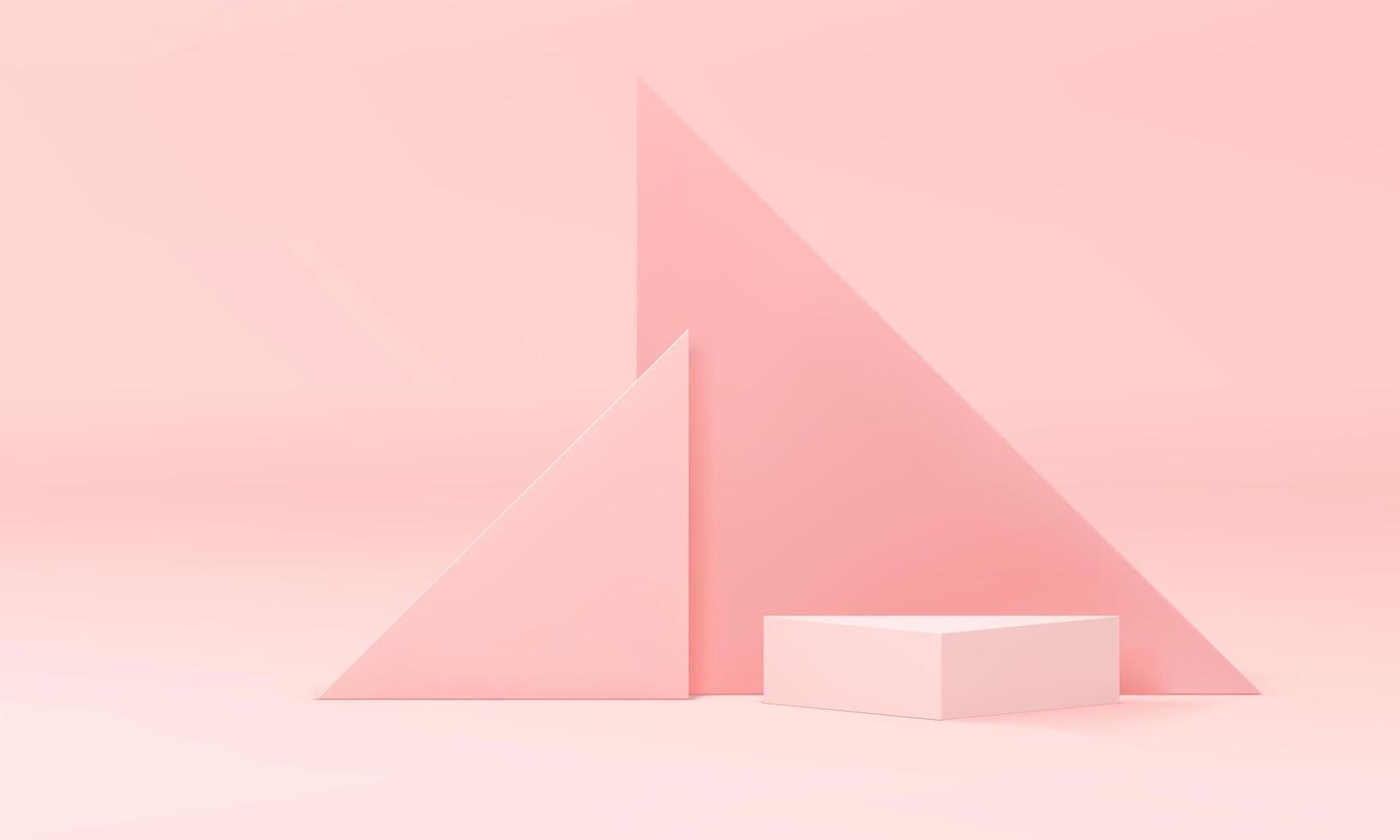 Pink pastel 3d podium pedestal with triangle wall mock up for cosmetic product show realistic vector