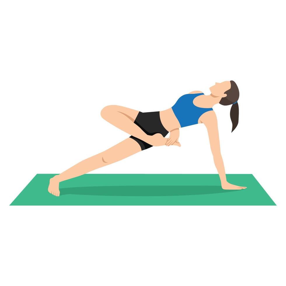 Woman doing Side Plank Variation Revolved Half Bound Pose or Vasisthasana Variation Parivrtta Ardha Baddha Asana. vector