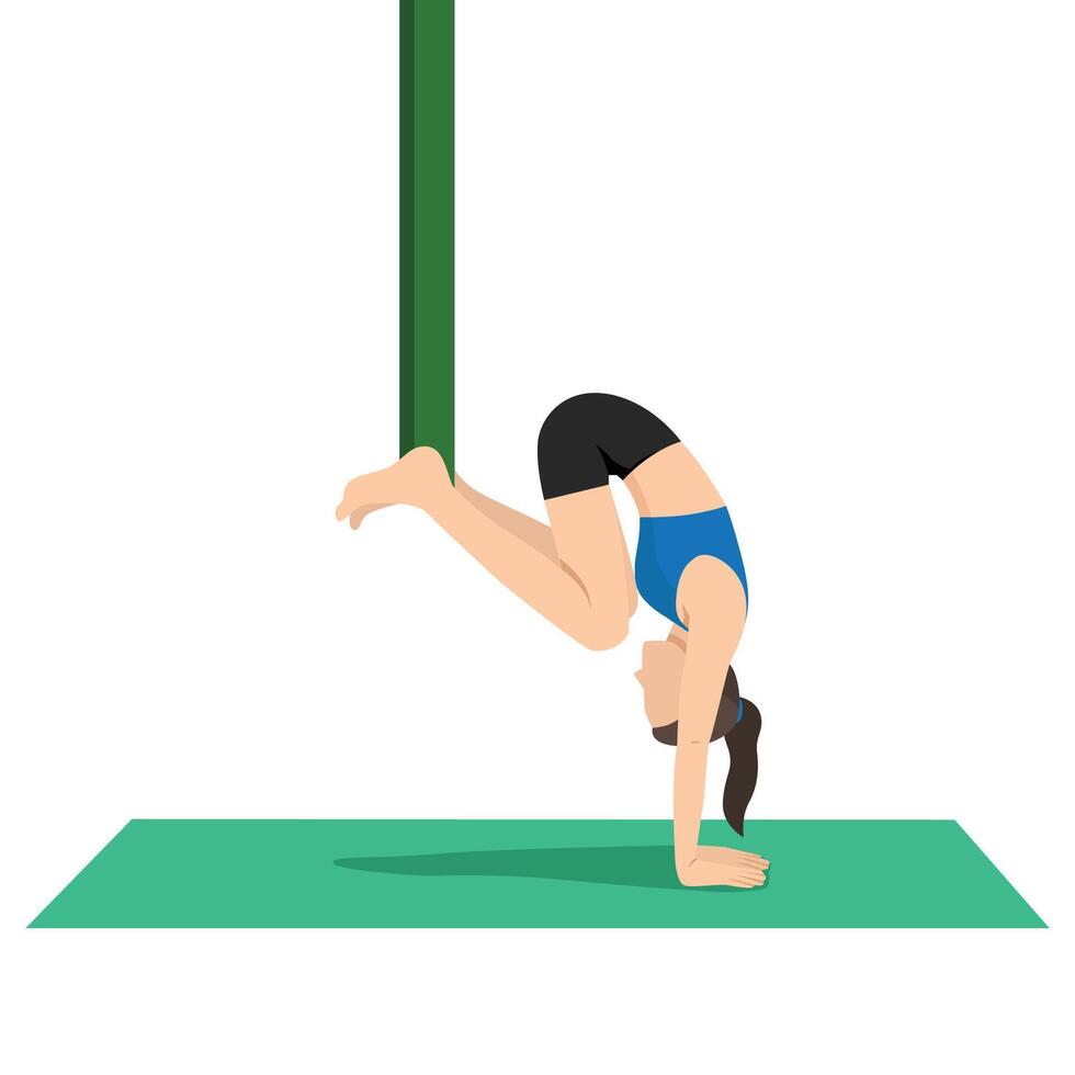 Woman doing One Legged Handstand Pose Prep Aerial or Eka Pada Adho Mukha Vrksasana yoga exercise. vector