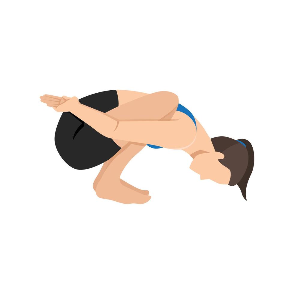 Woman doing Bound Garland Pose Forward Bend or Baddha Malasana Forward Bend yoga exercise. vector