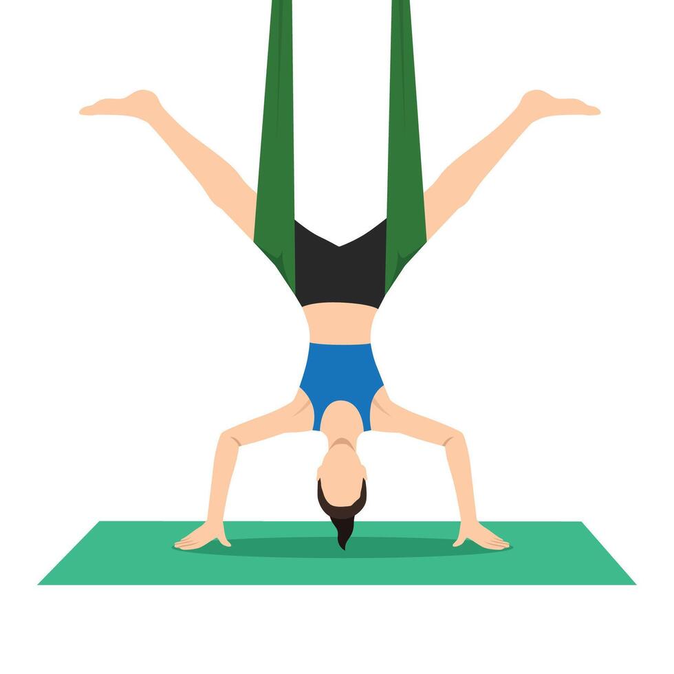 Woman doing Five Pointed Star Pose Inverted Aerial or Utthita Tadasana Viparita Aerial yoga exercise. vector