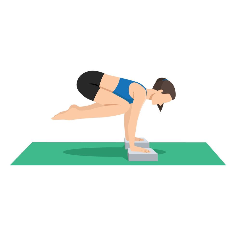 Woman doing Pendant Pose Block or Lolasana Blocks yoga exercise. vector
