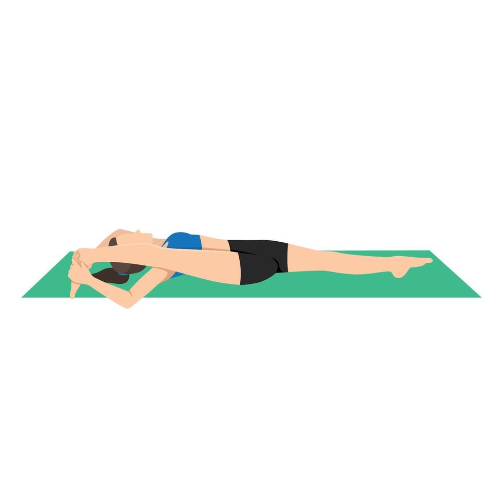 Woman doing Supine Splits Pose or Supta Trivikramasana yoga exercise. vector