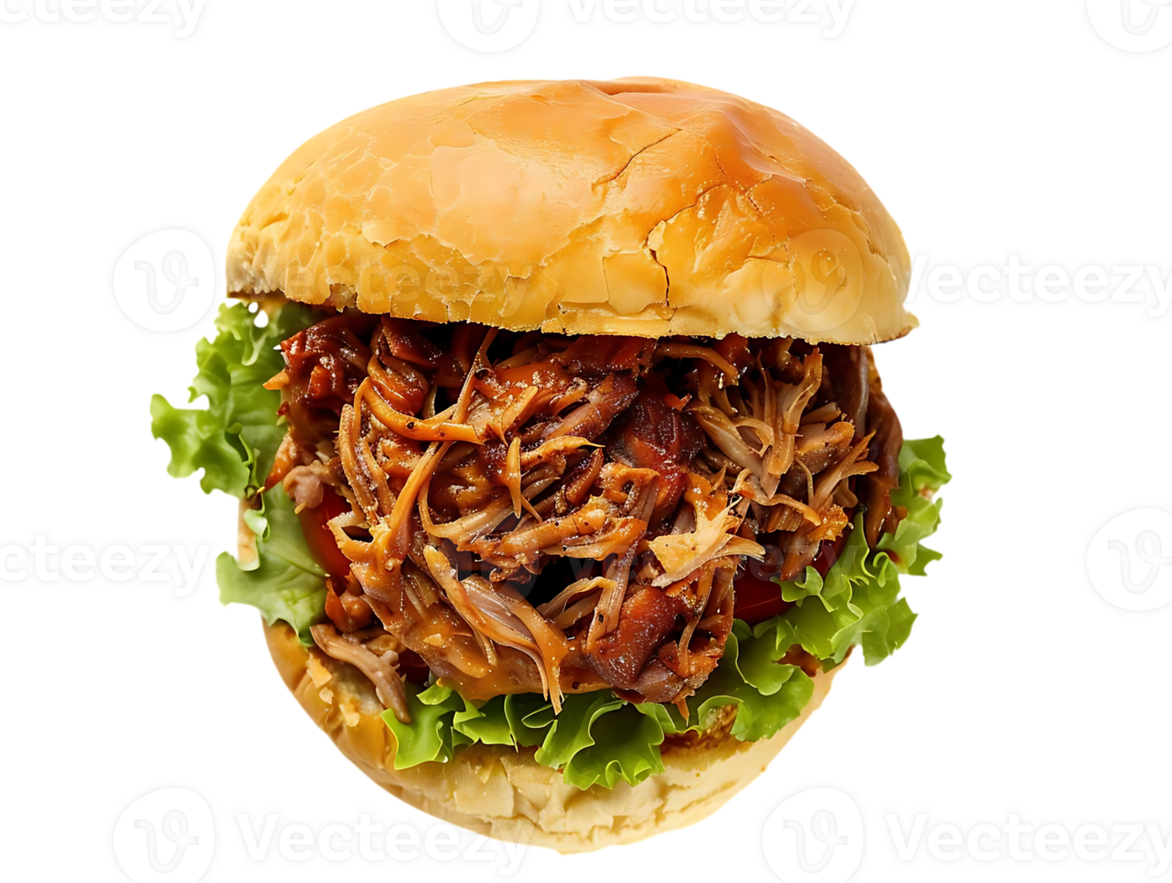 Pulled Pork Sandwich with Lettuce, Tomato, and Bun - Realistic Food Image png