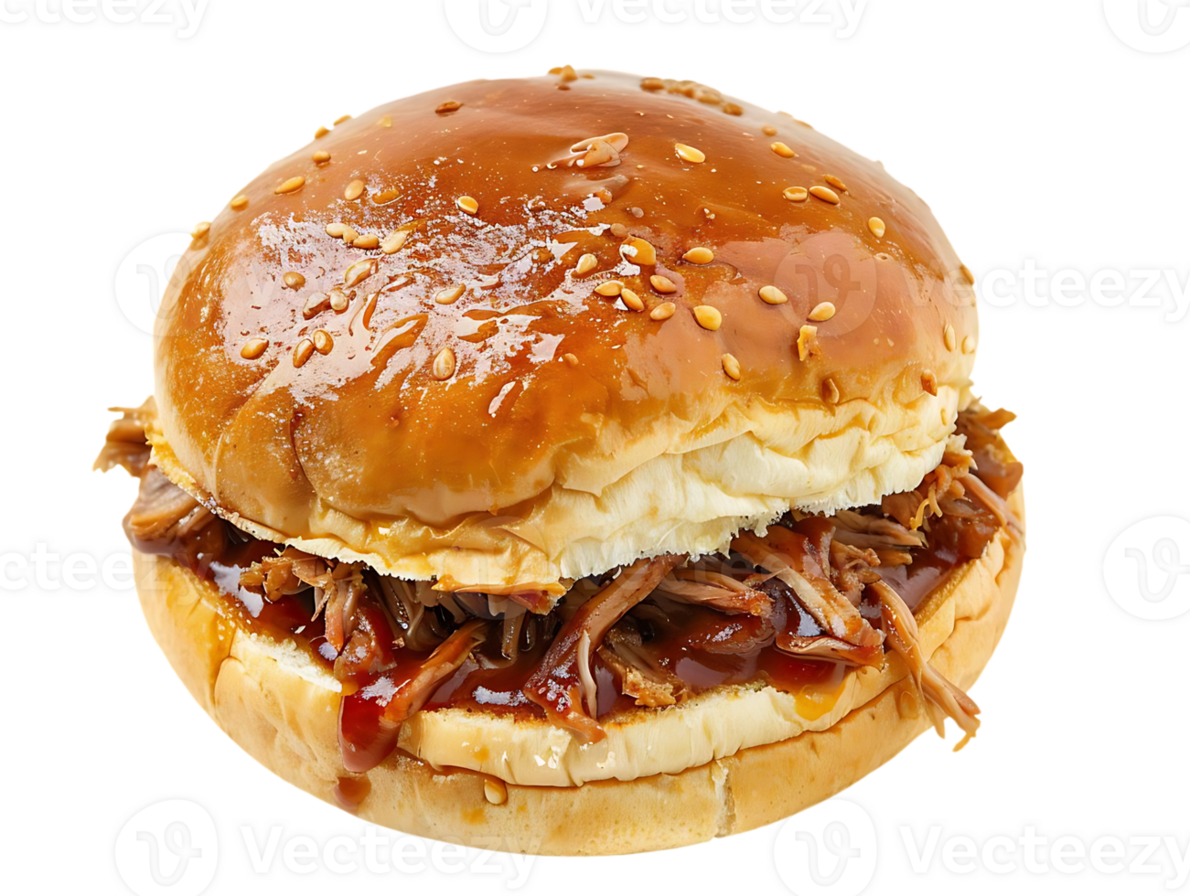 Closeup of a Pulled Pork Sandwich with Sesame Seed Bun png