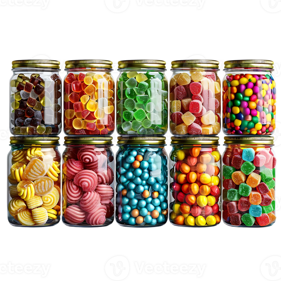 Assortment of Colorful Candies in Glass Jars 3D Illustration png
