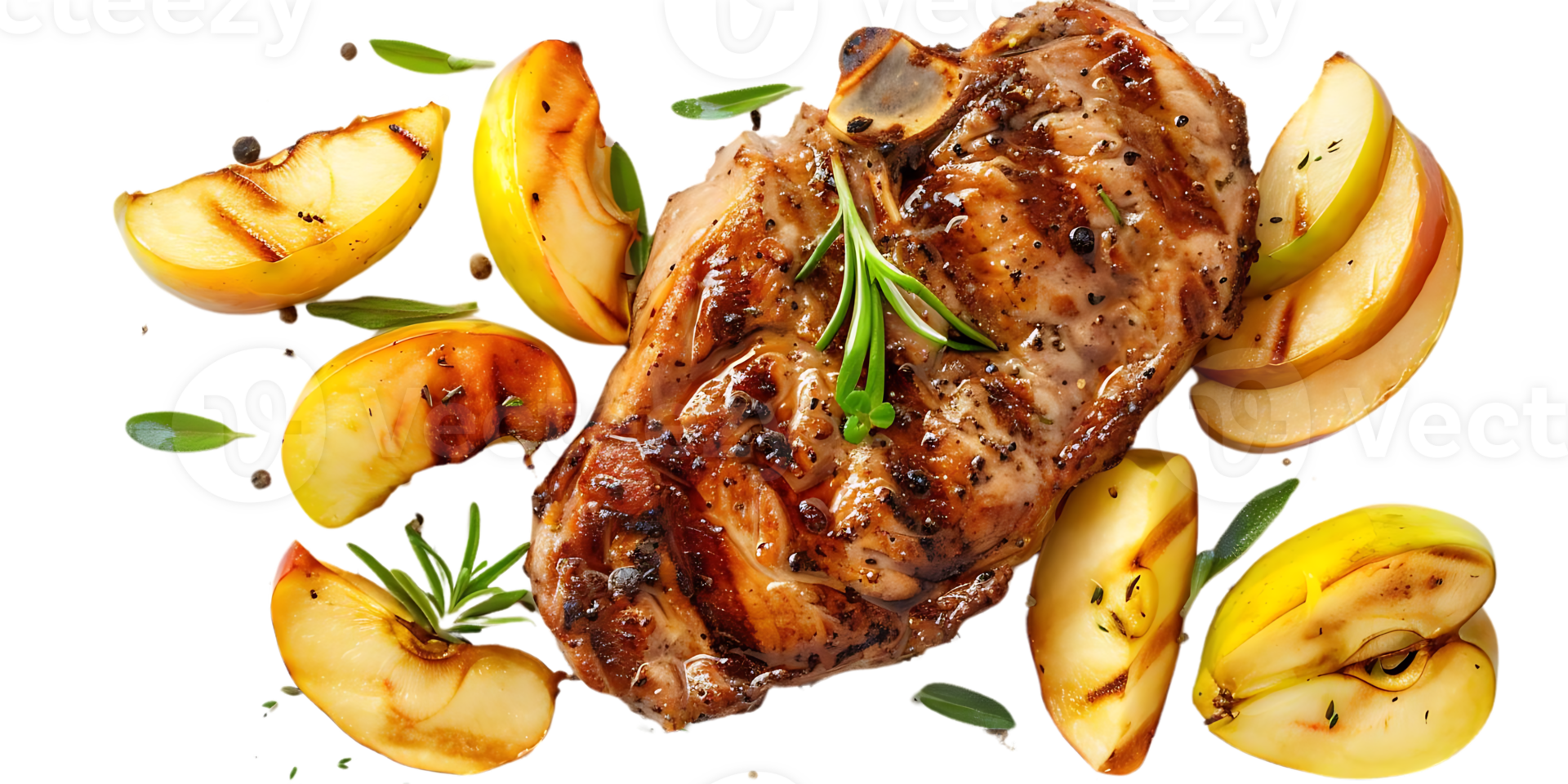 Grilled Pork Chop with Slices of Apples and Rosemary - Food Photography png