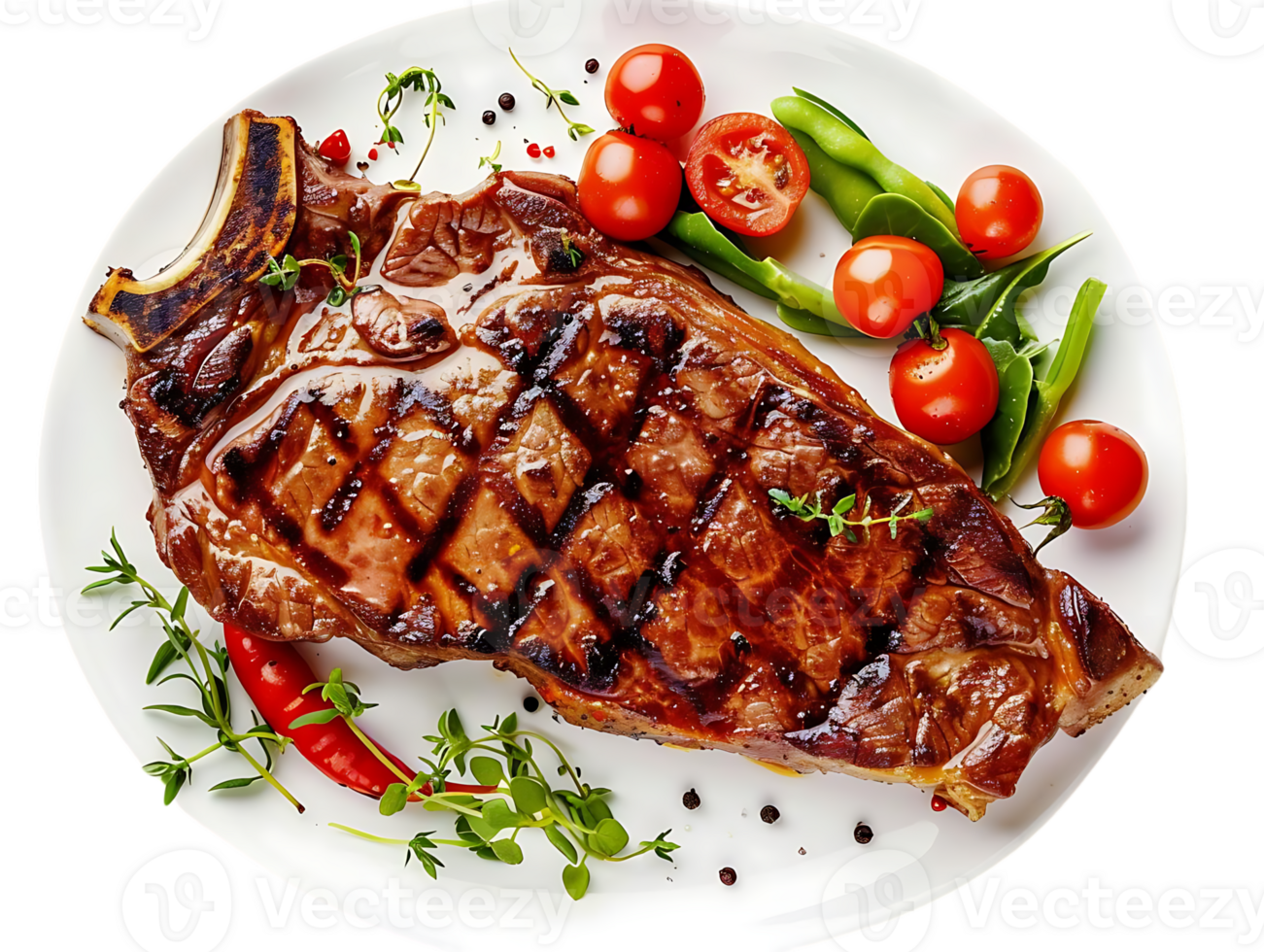 Grilled Steak with Cherry Tomatoes, Green Beans, and Thyme on White Plate - Realistic Image png