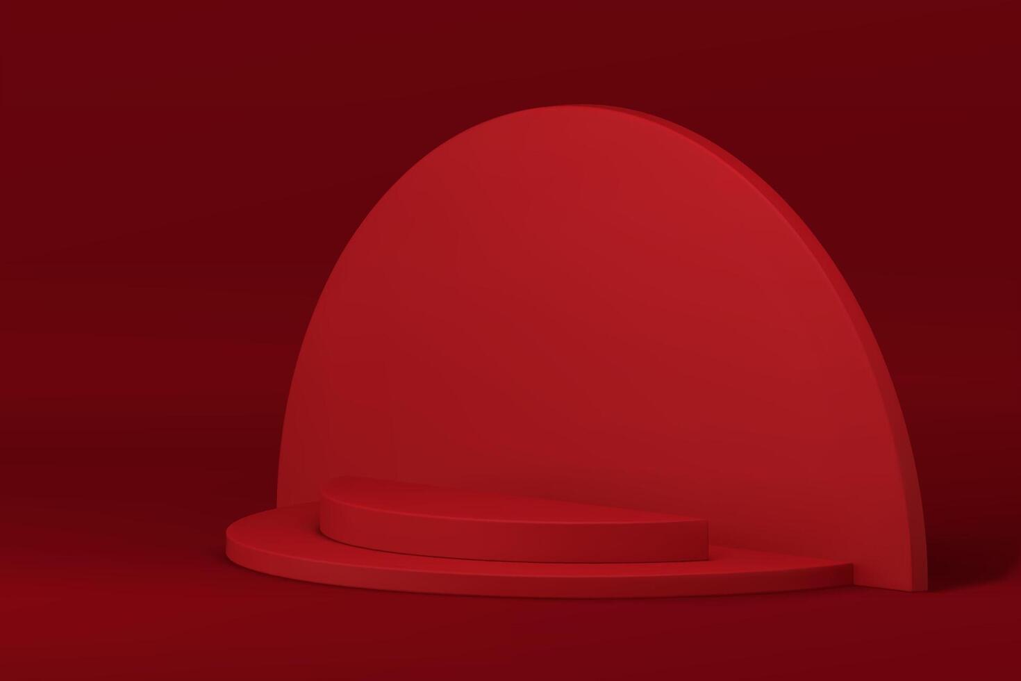 Red fashion 3d podium curved step pedestal empty commercial showcase realistic vector