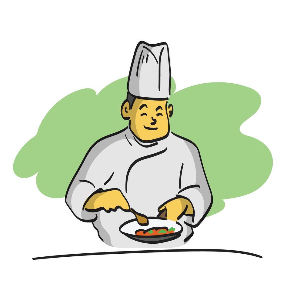 male chef wearing a white uniform and wearing a hat cooking food illustration isolated on white background vector