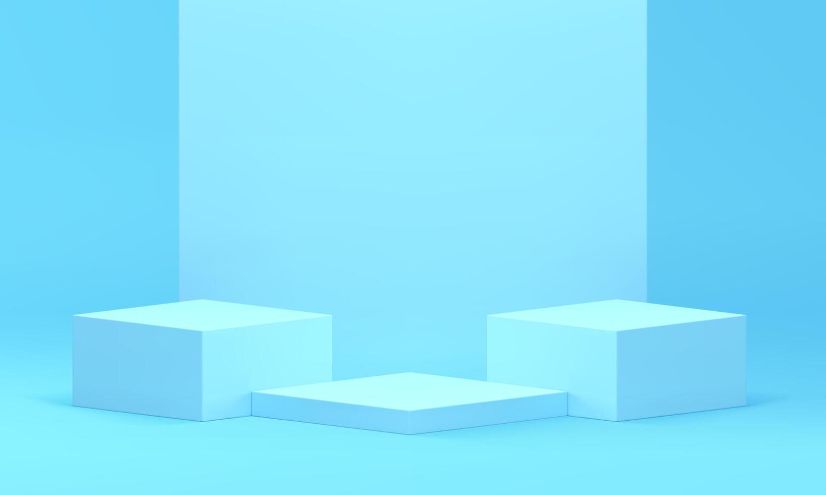 Blue 3d podium squared three platform with light pastel wall backdrop realistic vector