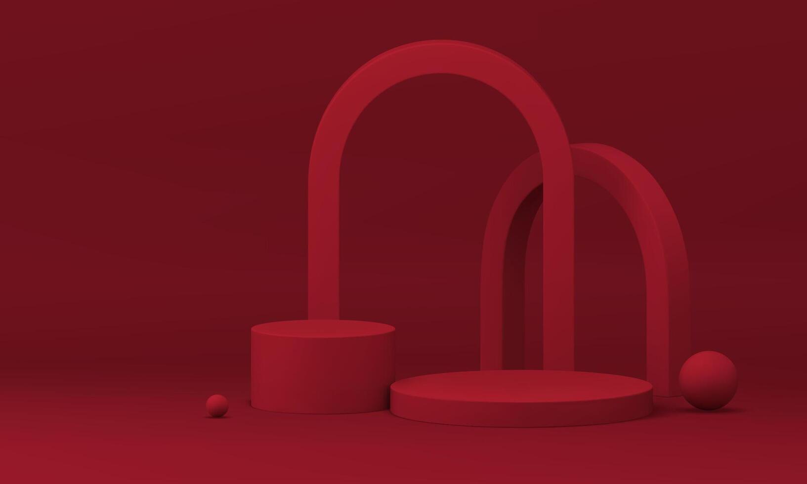 Red 3d podium with abstract geometric arch sphere wall background realistic illustration vector