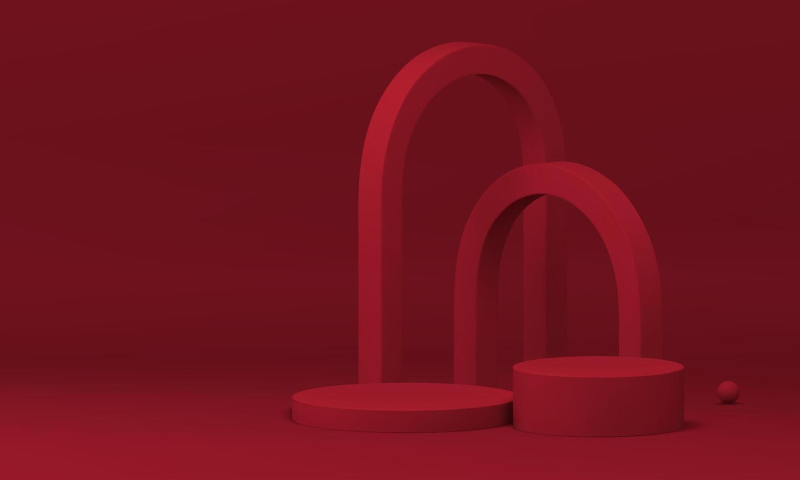 3d cylinder podium with red arch minimalist aesthetic studio background realistic vector