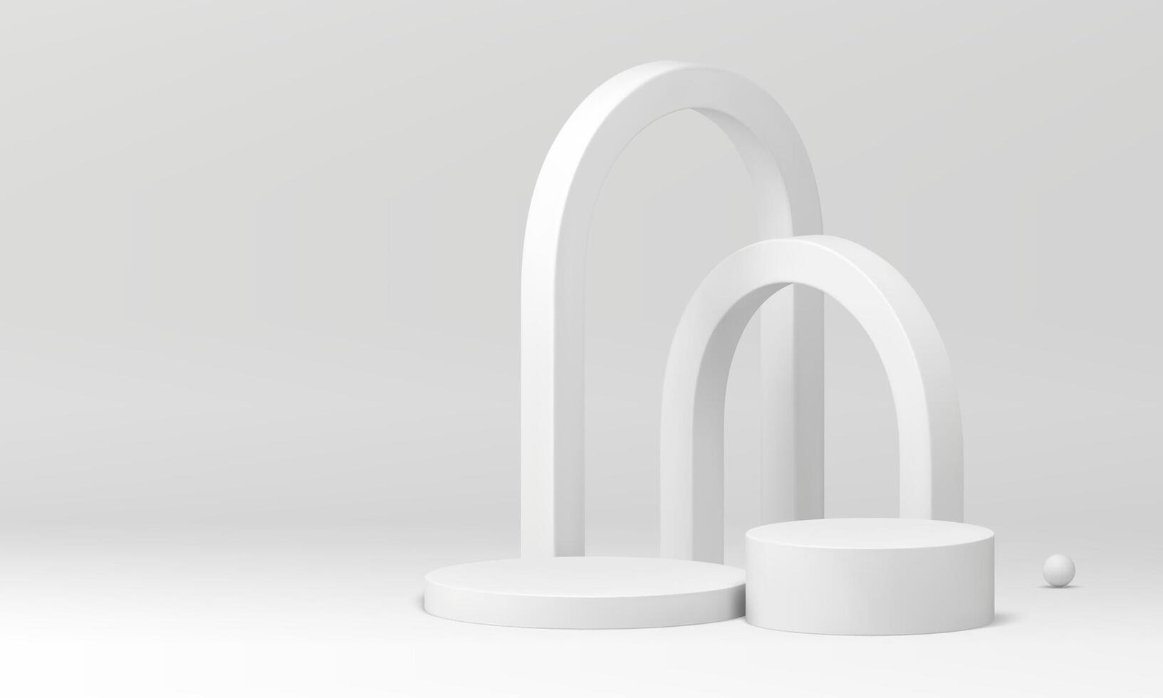 White 3d cylinder podium with abstract curved arch backdrop mock up for cosmetic product show vector