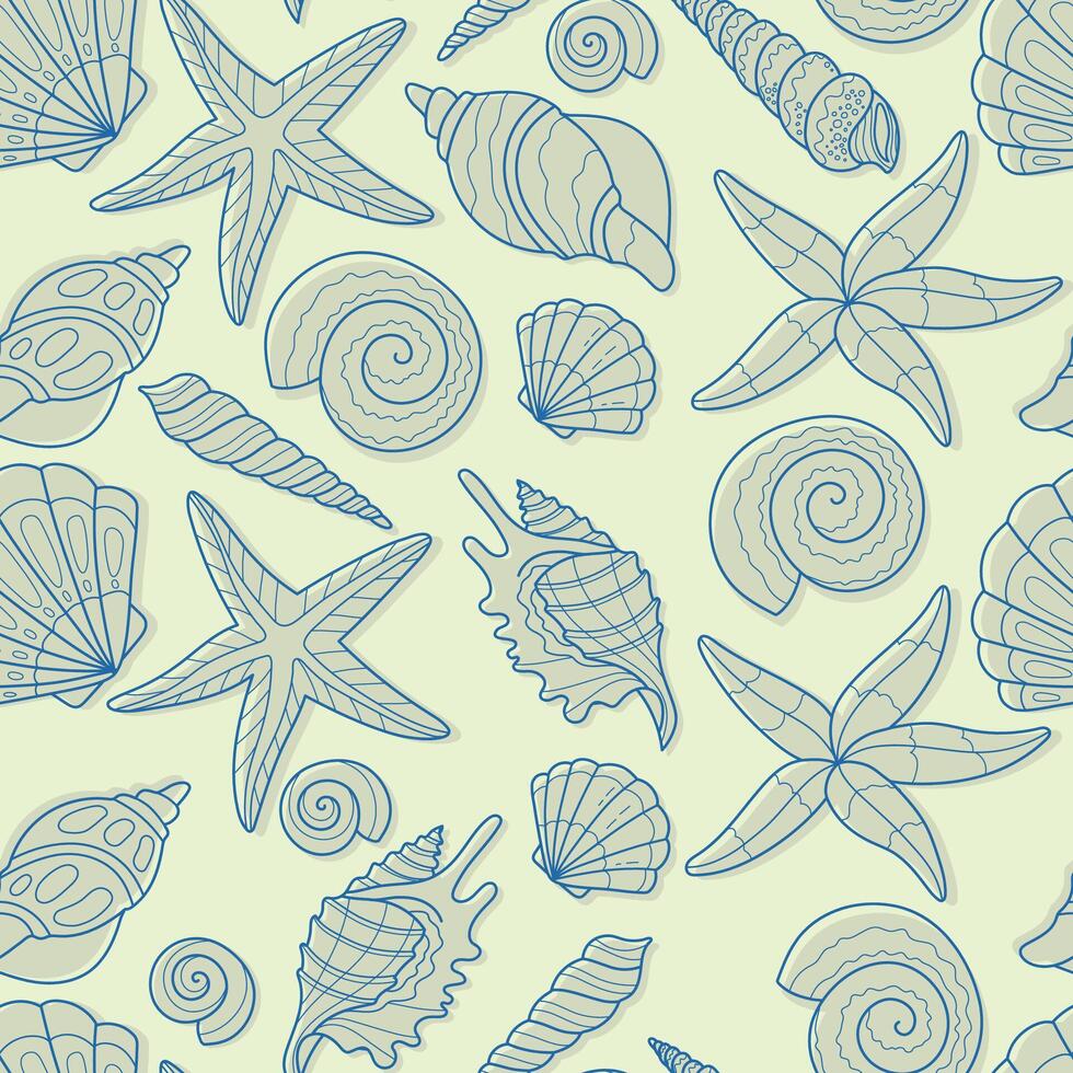 Seamless pattern with seashell. Summer time, sea, underwater hand-drawn illustration for wrapping paper, wallpaper, notebook cover. vector
