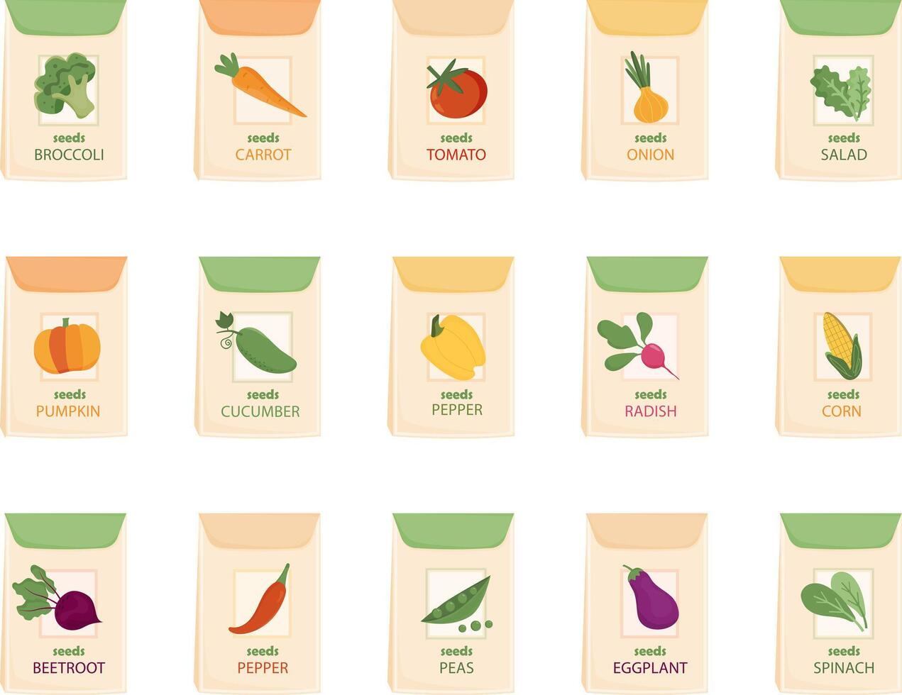 Set of vegetable seeds packages isolated on white background. Packs of plant seeds. vector