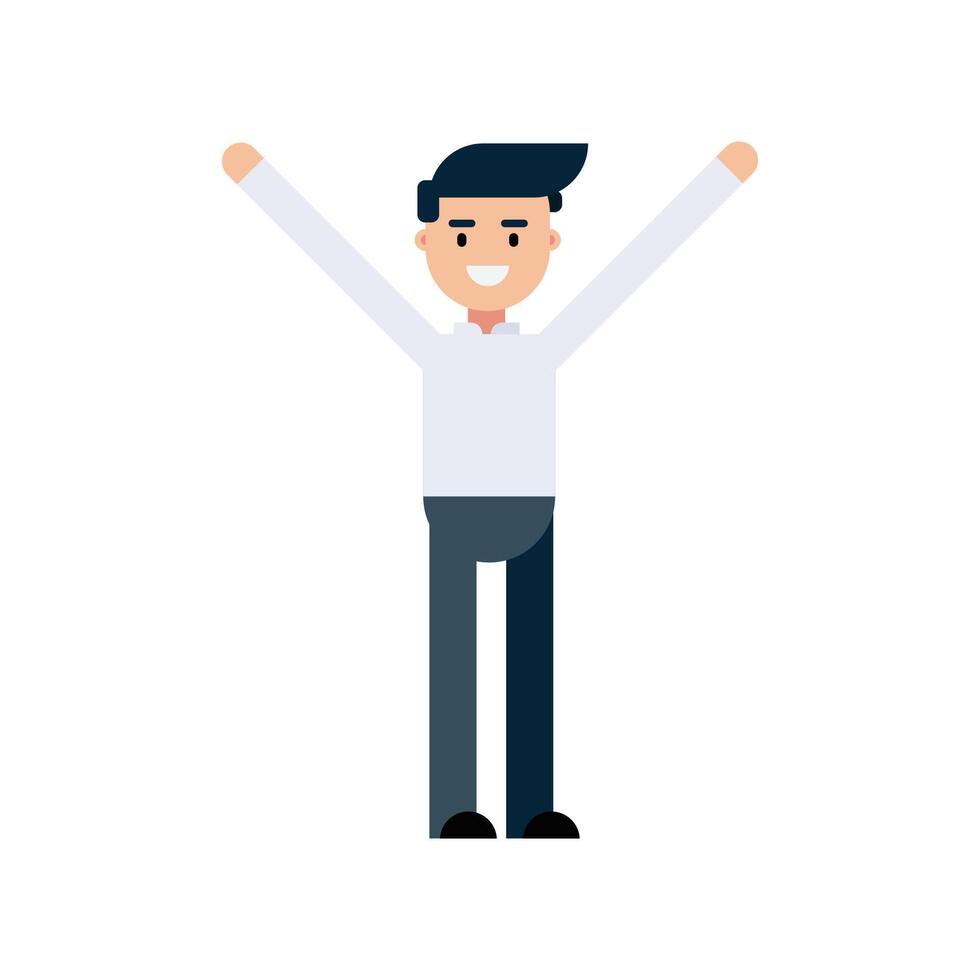 A man in white shirt is standing and raise hand. Flat design, isolated on white background. vector