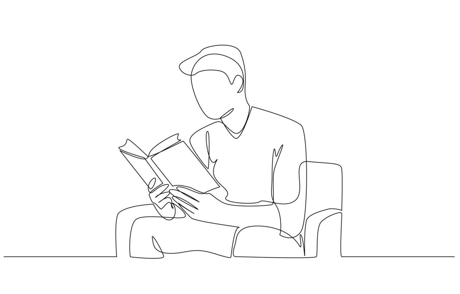 Continuous one line drawing of young man reading book on sofa, single line art. vector