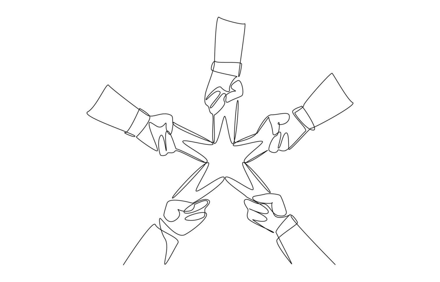 Continuous one line drawing of hands of businessmen forming five star shape, collaboration for work with quality concept, single line art. vector