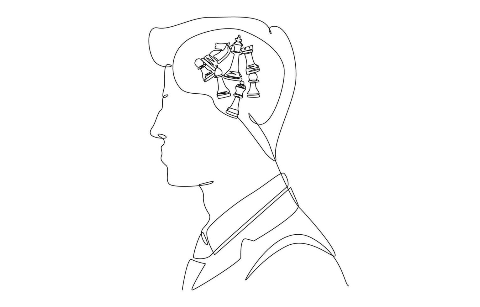 Continuous one line drawing of businessman's brain with chess pieces inside, business strategy concept, single line art. vector