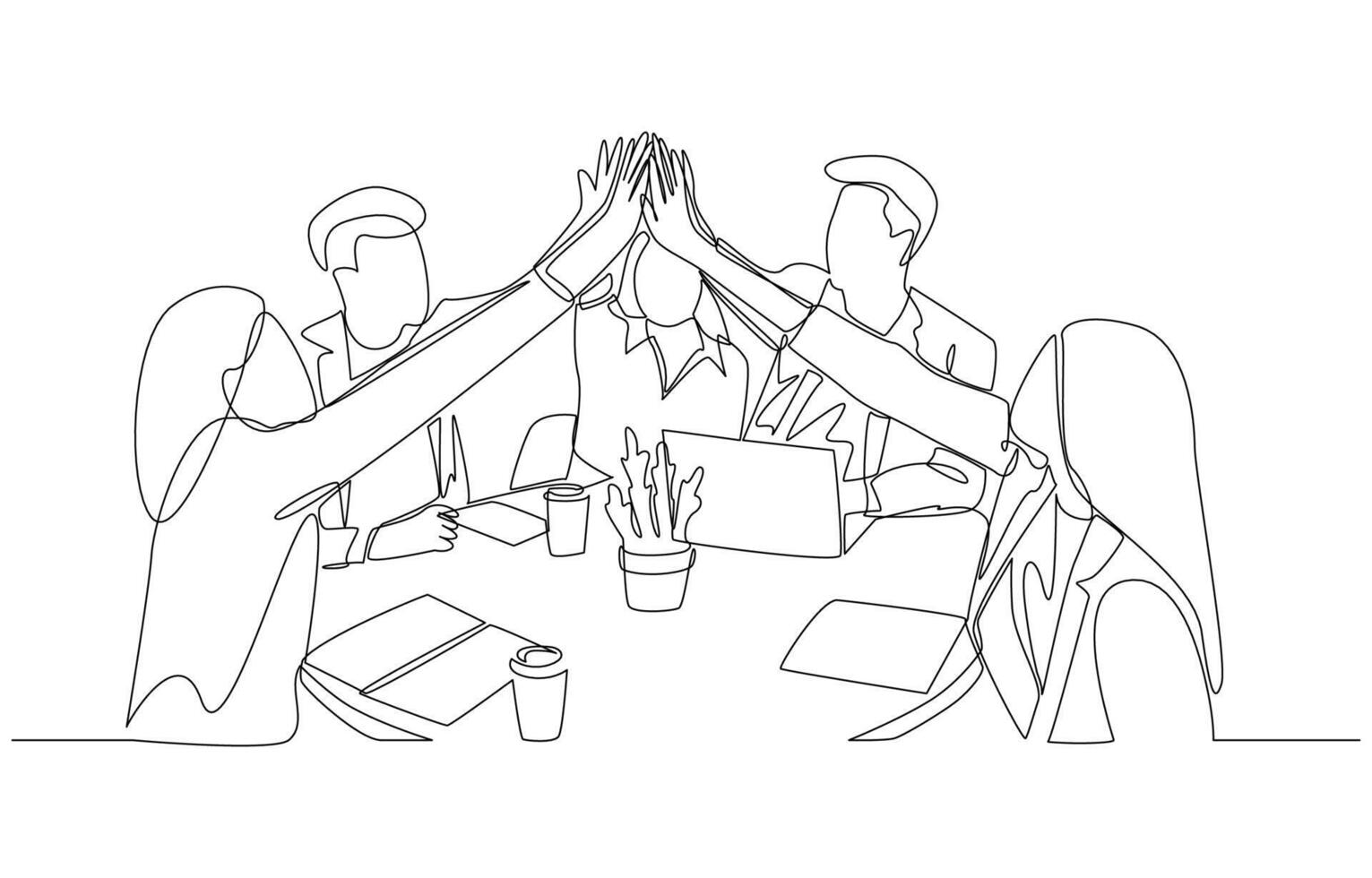 Continuous one line drawing of young office workers giving high five together, business teamwork concept, single line art. vector