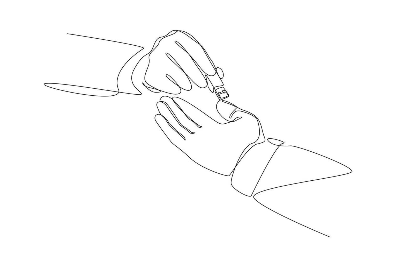Continuous one line drawing of office worker sending flash drive to colleague, forwarding work and backing up work data on device concept, single line art. vector