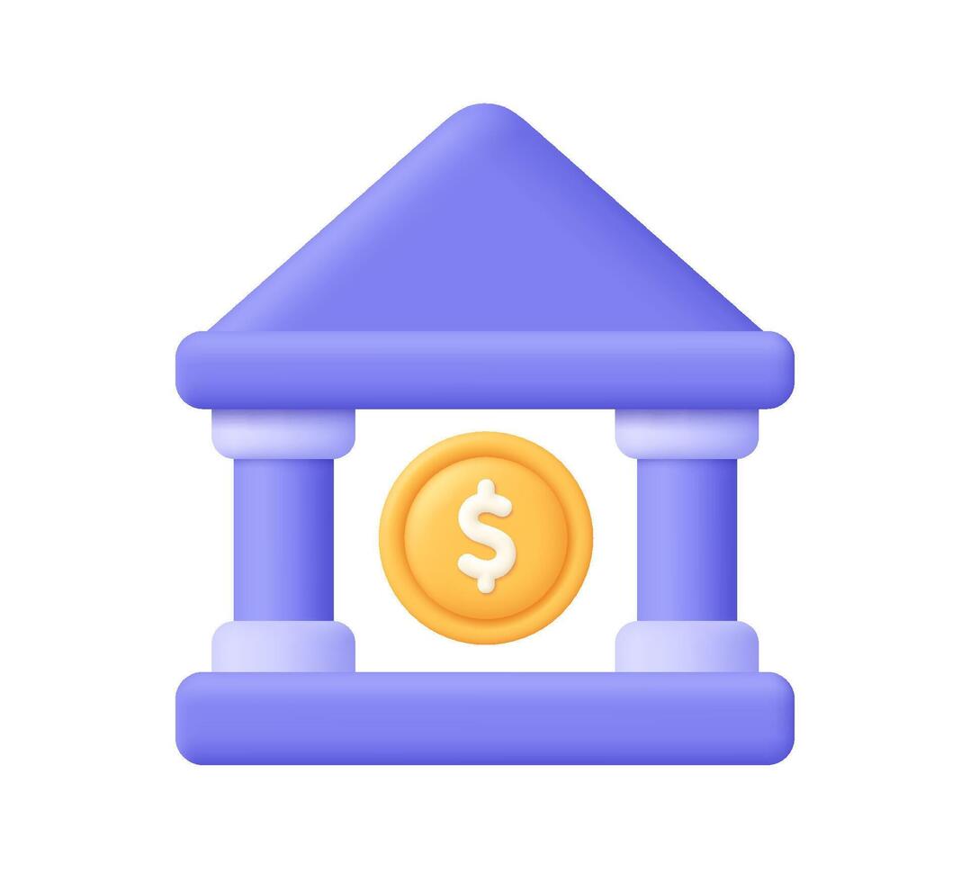 Bank building with coin. Online banking, finance, bank transactions, bank service. 3d icon. Cartoon minimal style. vector