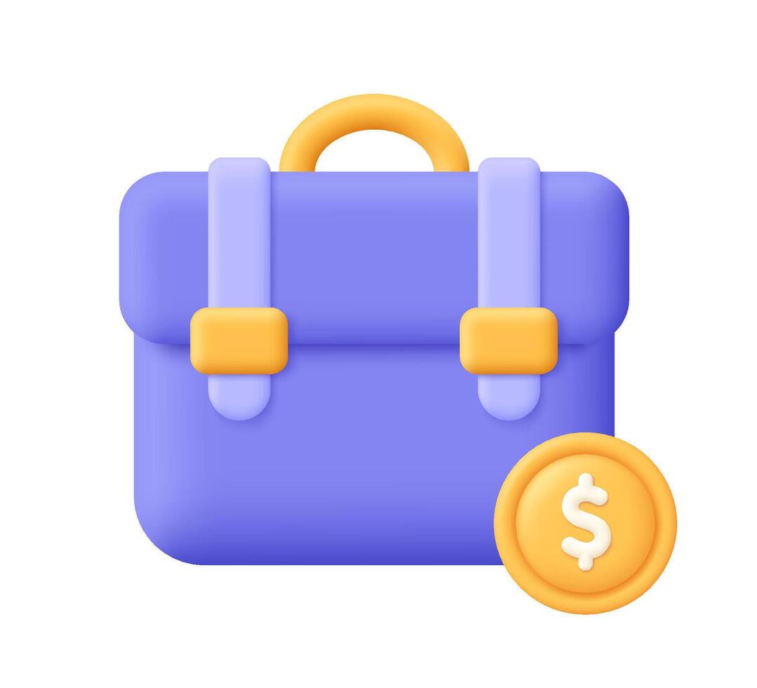 Briefcase with coin. Business financial bag. Business, finance and investment concept. 3d icon. Cartoon minimal style. vector