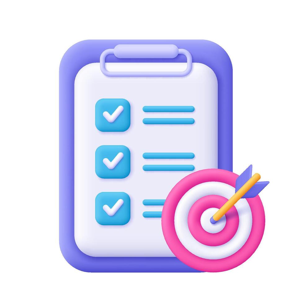 Clipboard with checklist and target. Business, assignment target, success goal, task management and time planning and concept. 3d icon. Cartoon minimal style. vector