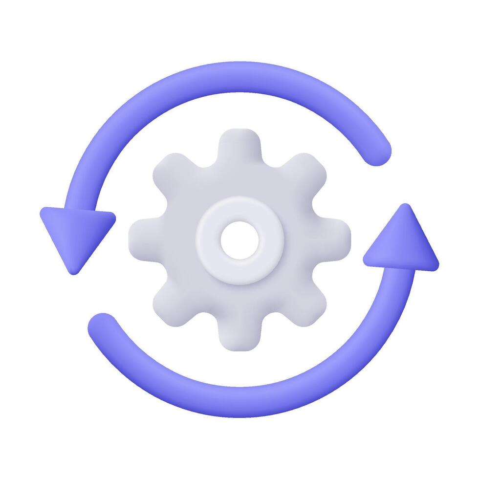 Cogwheel gear with rotation arrow. Setting symbol. Technical support, repair, optimization and workflow concept. 3d icon. Cartoon minimal style. vector