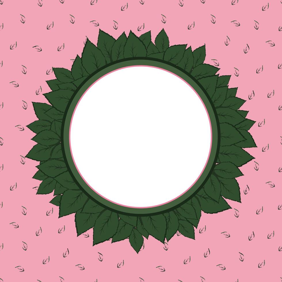 round frame with green leaves on a pink pattern background with an outline of small leaves vector