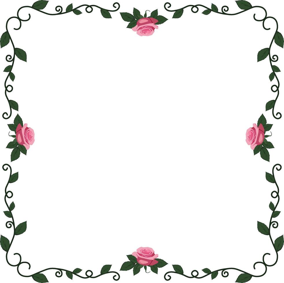 quare frame of curls with leaves and pink roses vector