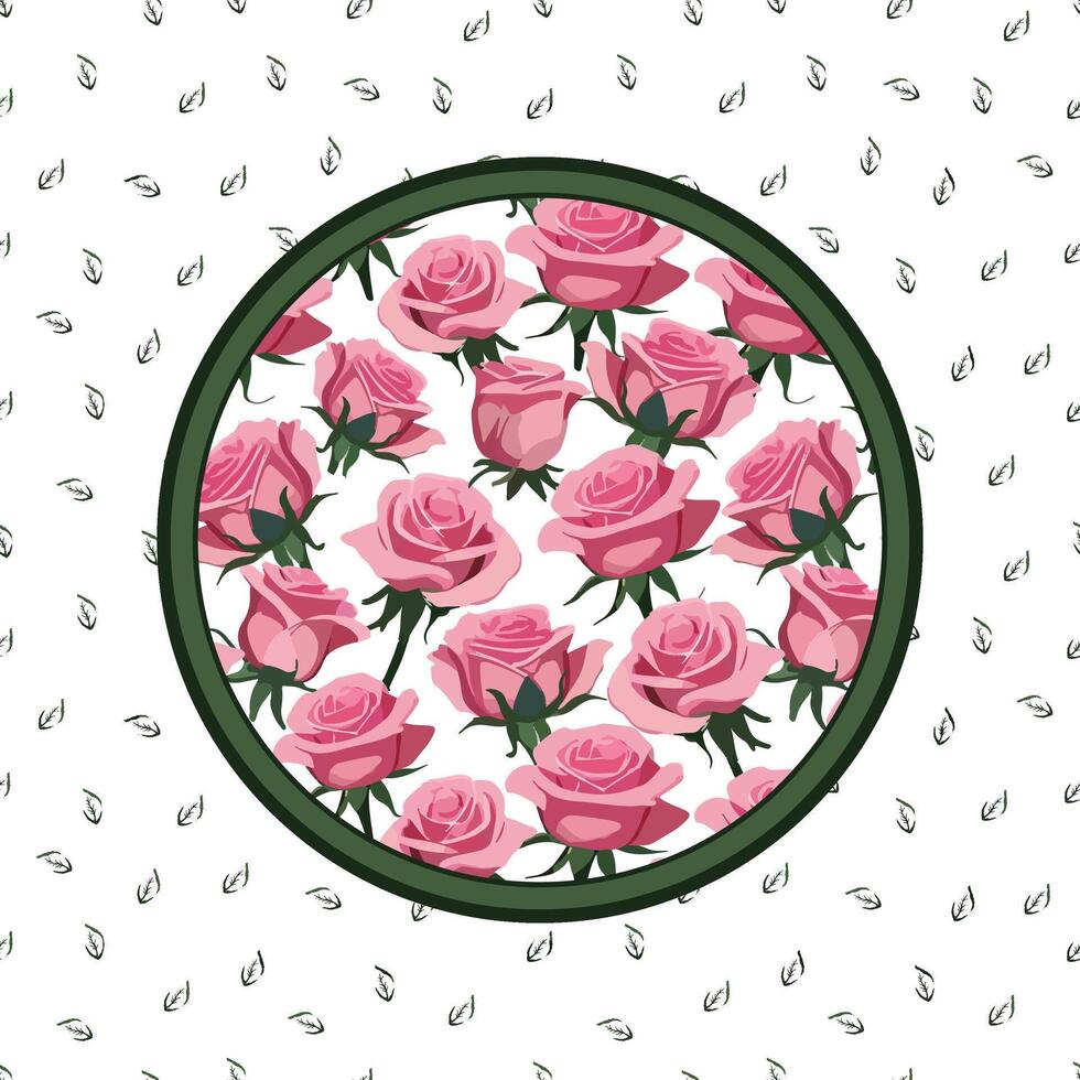 card with leaves and with a round frame on a background of pink roses vector