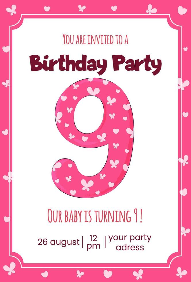 9th birthday baby invitation card vector